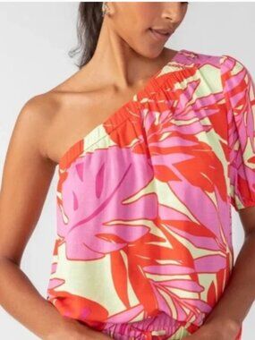 New Sanctuary Evereve One Shoulder Tropical Leaf Rayon Top Linen Like Flowy S